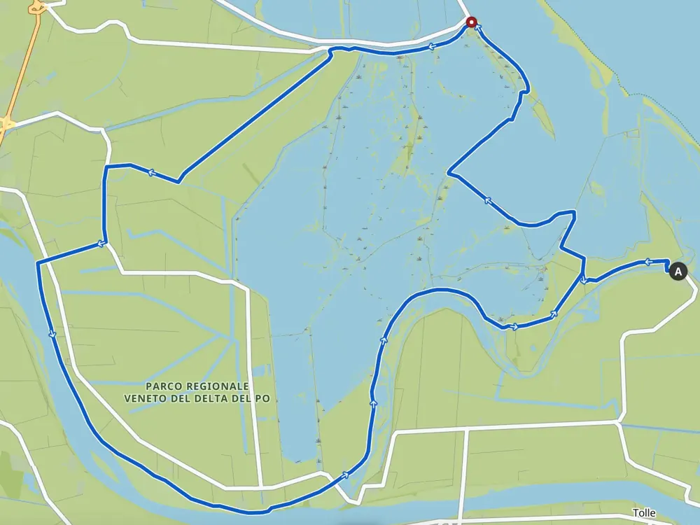 Mappa dell’itinerario ad anello di 46 km da Boccasette nel Delta del Po